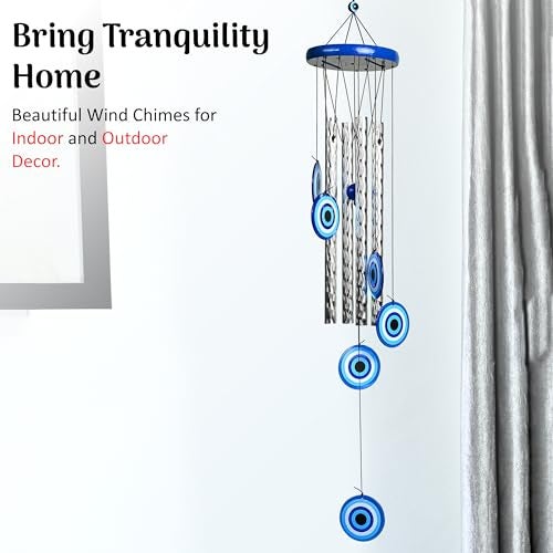 Hindcraft Evil Eye Wind Chimes for Home and Garden – Hanging Decoration Items for Positive Energy, Home Décor and Wall Décor | Housewarming Gifts Room Décor for Living Room and Bedroom, 4 Silver Pipe - Image 5