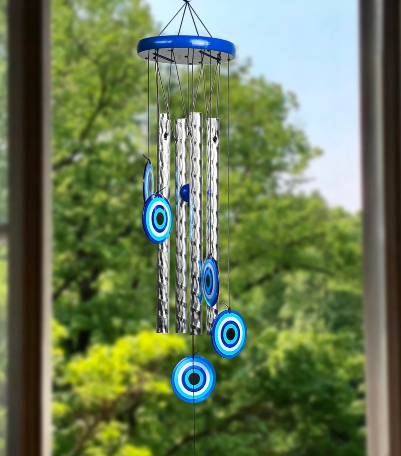 Hindcraft Evil Eye Wind Chimes for Home and Garden – Hanging Decoration Items for Positive Energy, Home Décor and Wall Décor | Housewarming Gifts Room Décor for Living Room and Bedroom, 4 Silver Pipe - Image 1