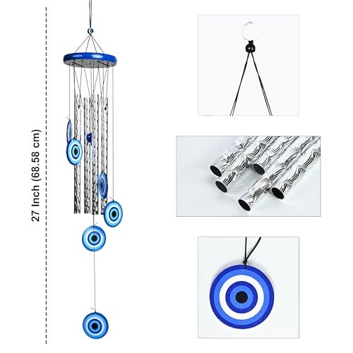 Hindcraft Evil Eye Wind Chimes for Home and Garden – Hanging Decoration Items for Positive Energy, Home Décor and Wall Décor | Housewarming Gifts Room Décor for Living Room and Bedroom, 4 Silver Pipe - Image 3