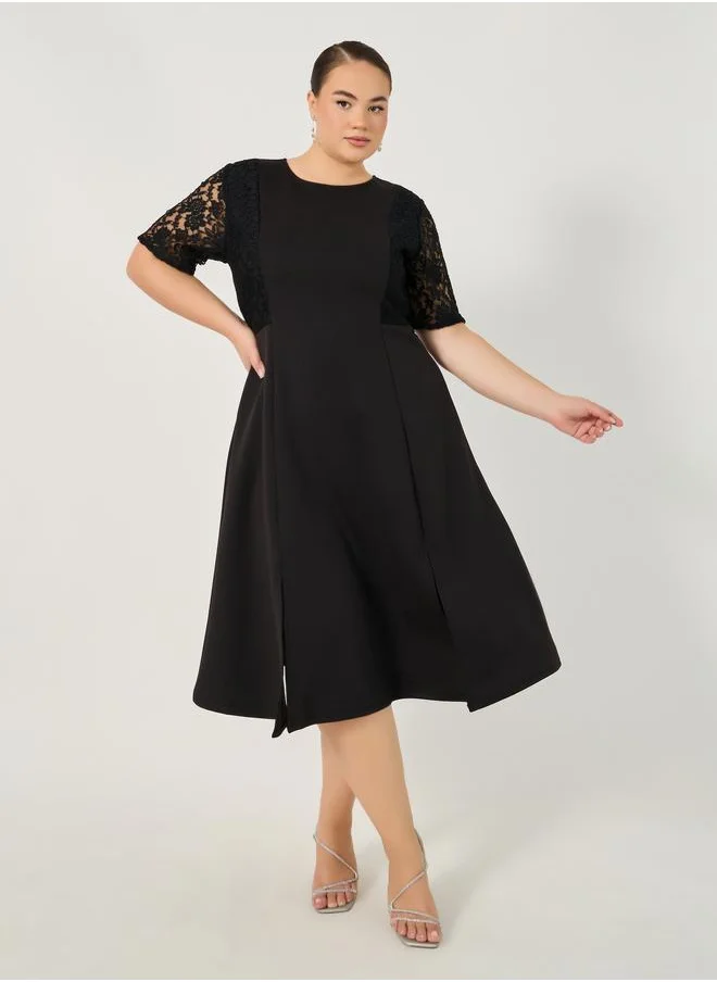 ستايلي Styli Plus Size Lace Insert Short Sleeve A-Line Midi Dress