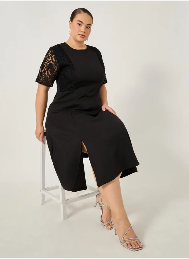ستايلي Styli Plus Size Lace Insert Short Sleeve A-Line Midi Dress