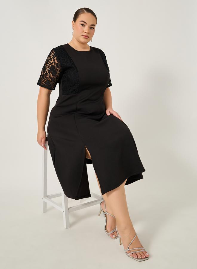 ستايلي فستان ميدي بأكمام قصيرة وفتحة دانتيل مقاس كبير - Image 1