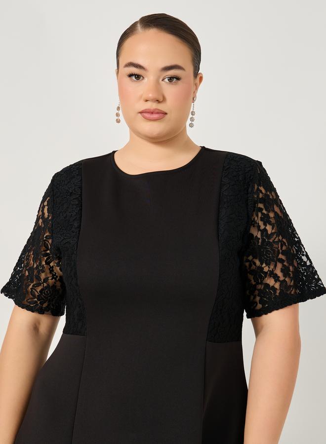 ستايلي فستان ميدي بأكمام قصيرة وفتحة دانتيل مقاس كبير - Image 5