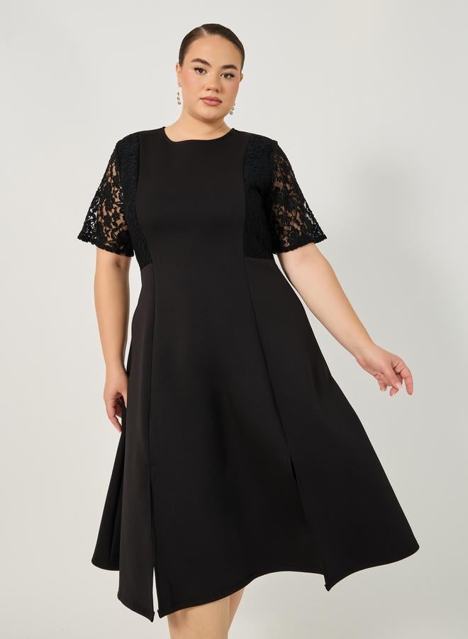 ستايلي فستان ميدي بأكمام قصيرة وفتحة دانتيل مقاس كبير - Image 4