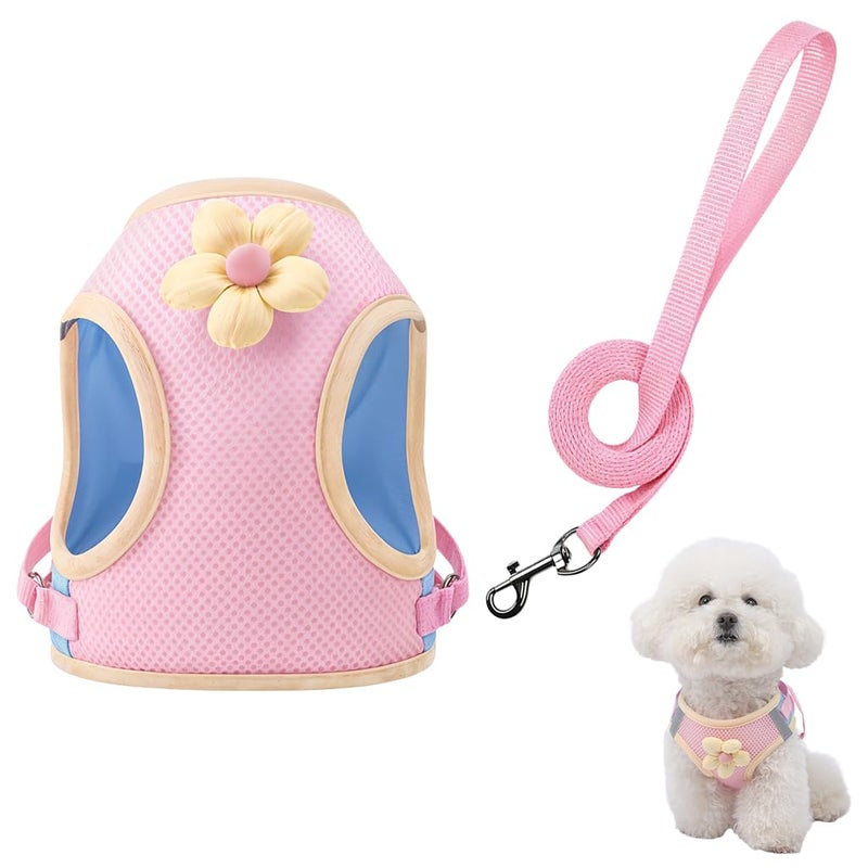 Qpets® حزام صدر للقطط مع حبل بطول 1.5م، حزام قطط مزخرف بزهور، حزام شبكي قابل للتنفس مع مشبك سريع الفتح وتصميم خطاف دوار 360 درجة للمشي والسفر في الهواء الطلق (م، محيط الصدر 35-40 سم) - Image 1
