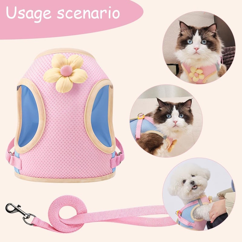 Qpets® حزام صدر للقطط مع حبل بطول 1.5م، حزام قطط مزخرف بزهور، حزام شبكي قابل للتنفس مع مشبك سريع الفتح وتصميم خطاف دوار 360 درجة للمشي والسفر في الهواء الطلق (م، محيط الصدر 35-40 سم) - Image 5