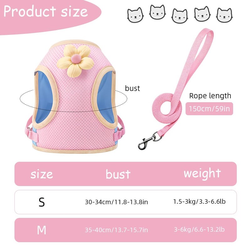 Qpets® حزام صدر للقطط مع حبل بطول 1.5م، حزام قطط مزخرف بزهور، حزام شبكي قابل للتنفس مع مشبك سريع الفتح وتصميم خطاف دوار 360 درجة للمشي والسفر في الهواء الطلق (م، محيط الصدر 35-40 سم) - Image 2