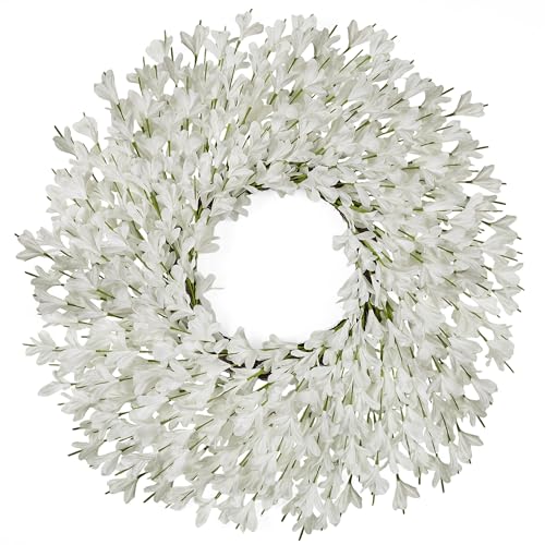 RHTRJ 26 Inch Spring Wreaths for Front Door Large Easter Valentines Forsythia Floral Summer Spring Door Wreaths Outdoor All Season Spring Decorations for Home Porch Room Window Wall Farmhouse Decor(White-R) - Image 1