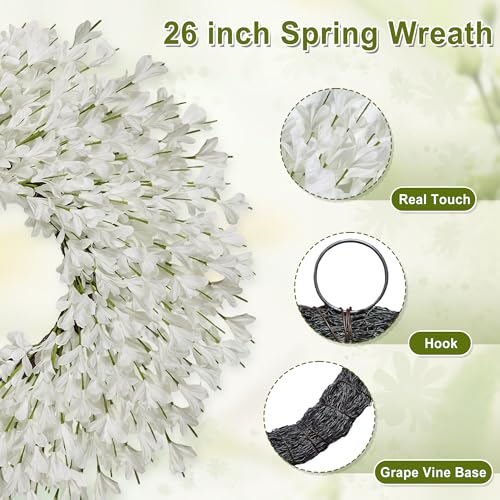 RHTRJ 26 Inch Spring Wreaths for Front Door Large Easter Valentines Forsythia Floral Summer Spring Door Wreaths Outdoor All Season Spring Decorations for Home Porch Room Window Wall Farmhouse Decor(White-R) - Image 3