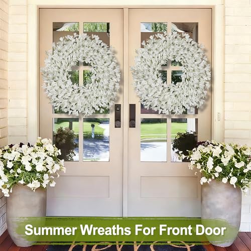 RHTRJ 26 Inch Spring Wreaths for Front Door Large Easter Valentines Forsythia Floral Summer Spring Door Wreaths Outdoor All Season Spring Decorations for Home Porch Room Window Wall Farmhouse Decor(White-R) - Image 5