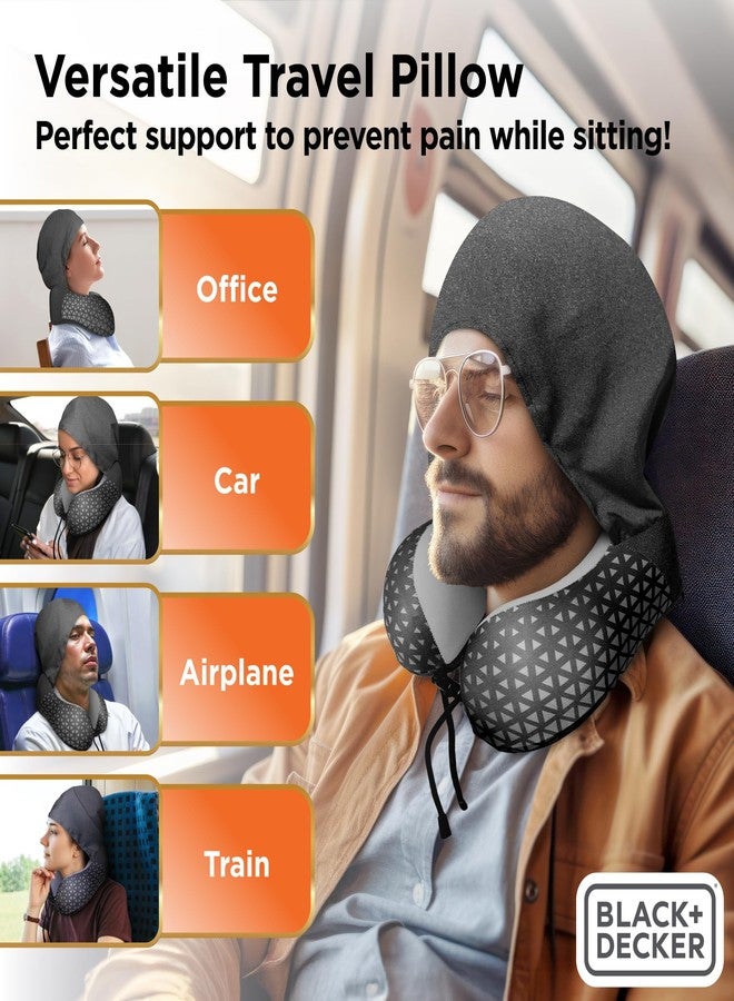 BLACK+DECKER Hooded Memory Foam Neck Pillow Travel Pillow for Airplane, Car & Train Cooling Fabric, Neck Support, Soft Lining, Lightweight & Portable, Ergonomic Design, Grey - Image 4