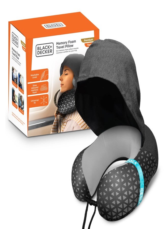 BLACK+DECKER Hooded Memory Foam Neck Pillow Travel Pillow for Airplane, Car & Train Cooling Fabric, Neck Support, Soft Lining, Lightweight & Portable, Ergonomic Design, Grey - Image 1