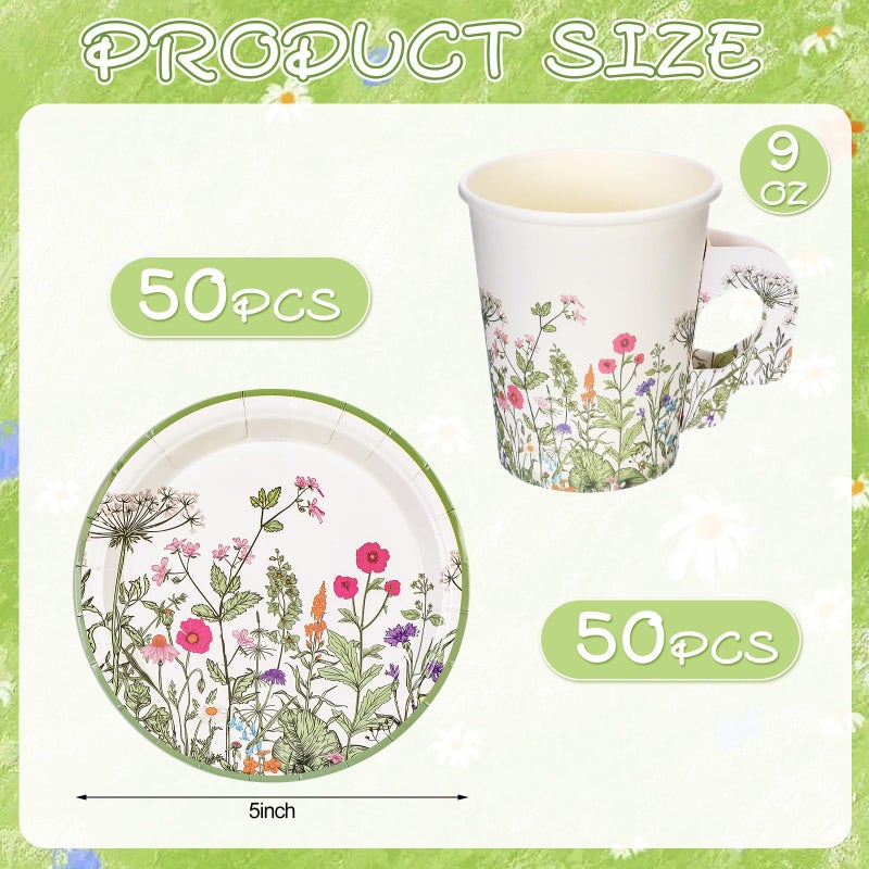 Funnymoom 50 Sets Floral Party Supplies Disposable Floral Party Paper Tea Cups Disposable Vintage Teacup and Saucer Set Vintage Teacup Set White Tea Favor for Garden Birthday Bridal Wedding - Image 2