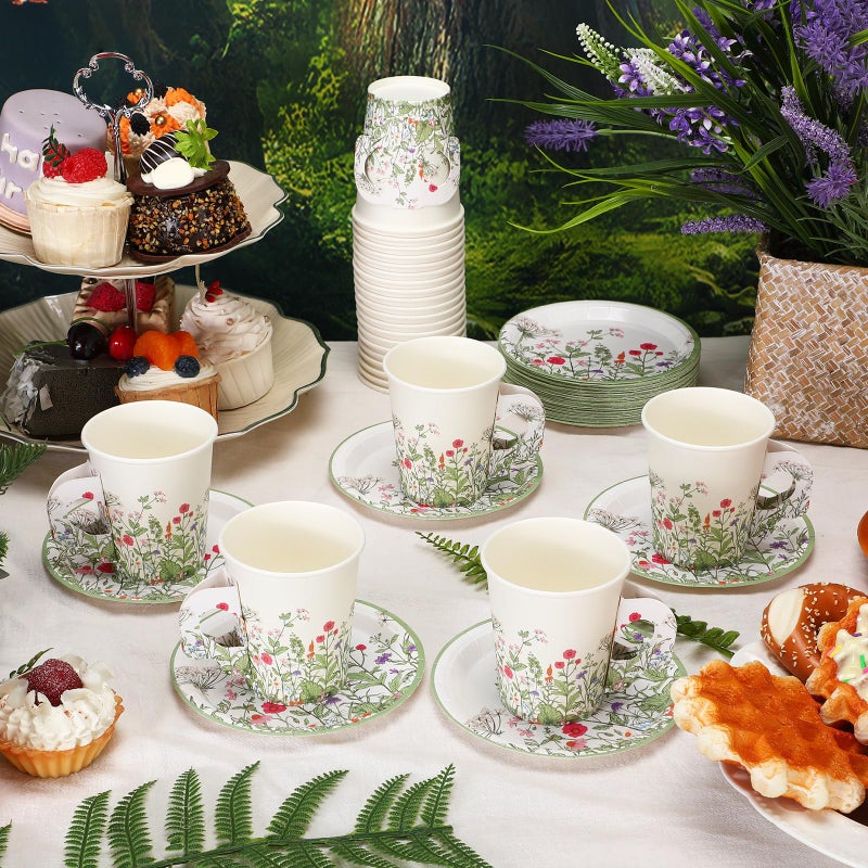 Funnymoom 50 Sets Floral Party Supplies Disposable Floral Party Paper Tea Cups Disposable Vintage Teacup and Saucer Set Vintage Teacup Set White Tea Favor for Garden Birthday Bridal Wedding - Image 3