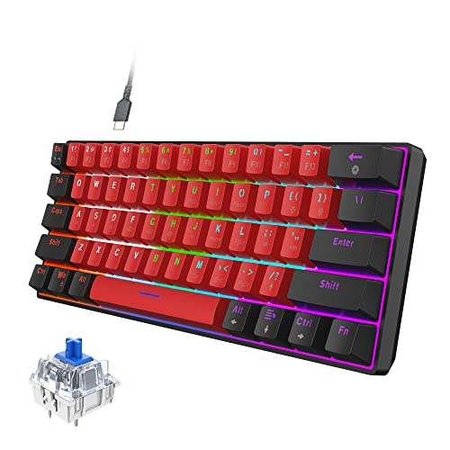 Snpurdiri 60% Wired Mechanical Gaming Keyboard, LED Backlit 60 Percent Gaming Keyboard for Windows Laptop PC Mac (Black-Red, Blue Switches) - Image 1