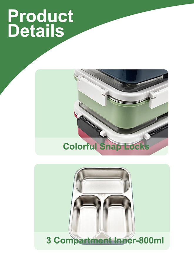 Noon East 3 Compartment lunch box, 800 ml, Leak Proof, Clips Lock on Two ends - Green and White  - Image 5