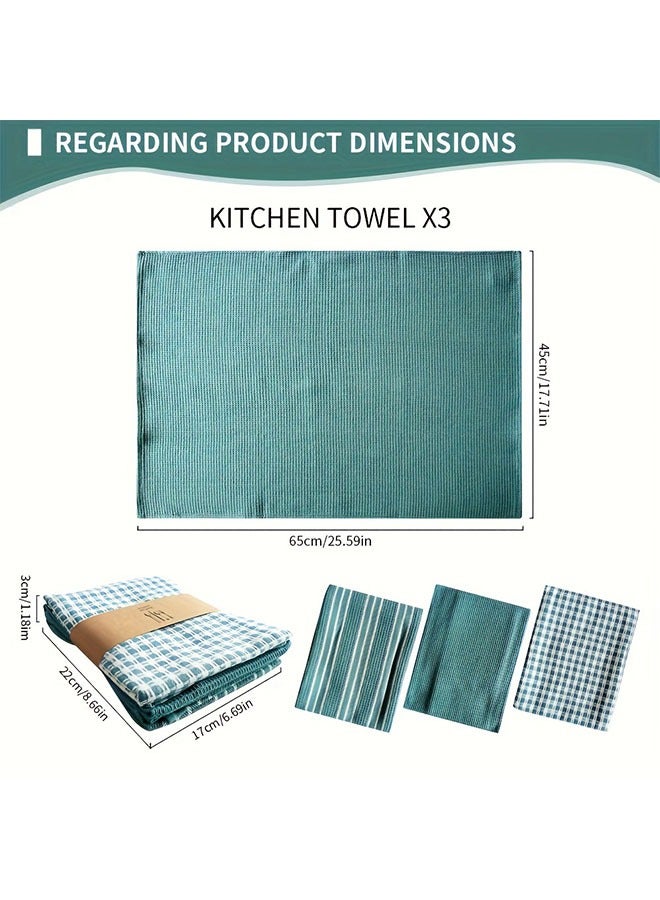 هومستر 3 قطع مناشف مطبخ ناعمة ماصة مناشف ذات حجم كبير قماش وافل متين منسوج، أخضر نقي مع أنماط مزخرفة ومخططة، سهل التنظيف والتجفيف -مثالي للطهي والخبز ووقت الشاي - Image 3