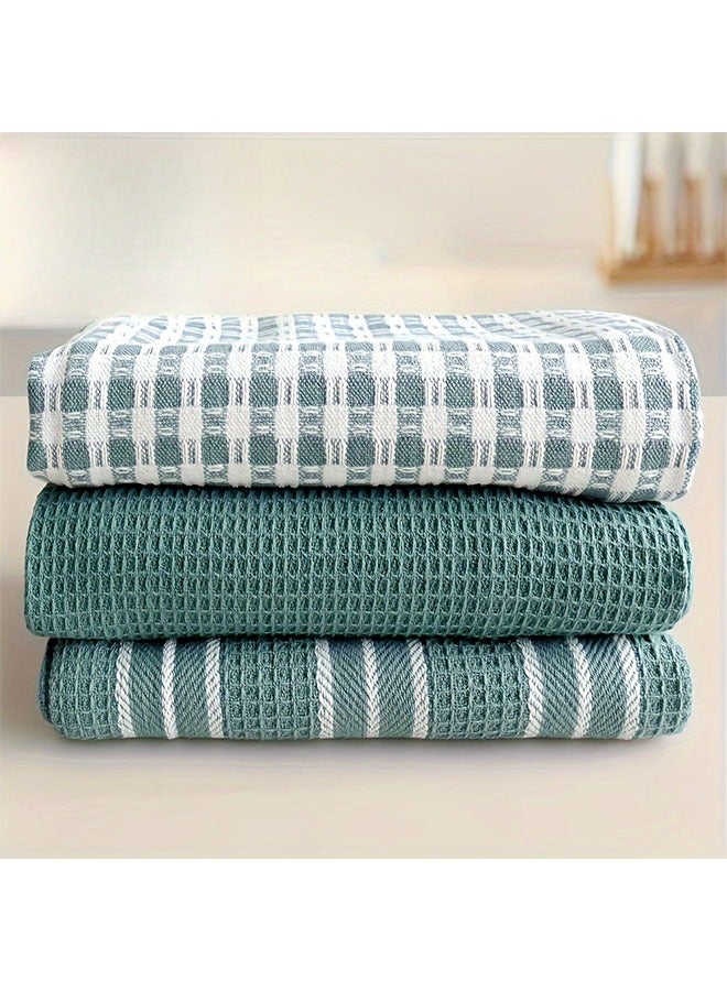 هومستر 3 قطع مناشف مطبخ ناعمة ماصة مناشف ذات حجم كبير قماش وافل متين منسوج، أخضر نقي مع أنماط مزخرفة ومخططة، سهل التنظيف والتجفيف -مثالي للطهي والخبز ووقت الشاي - Image 1