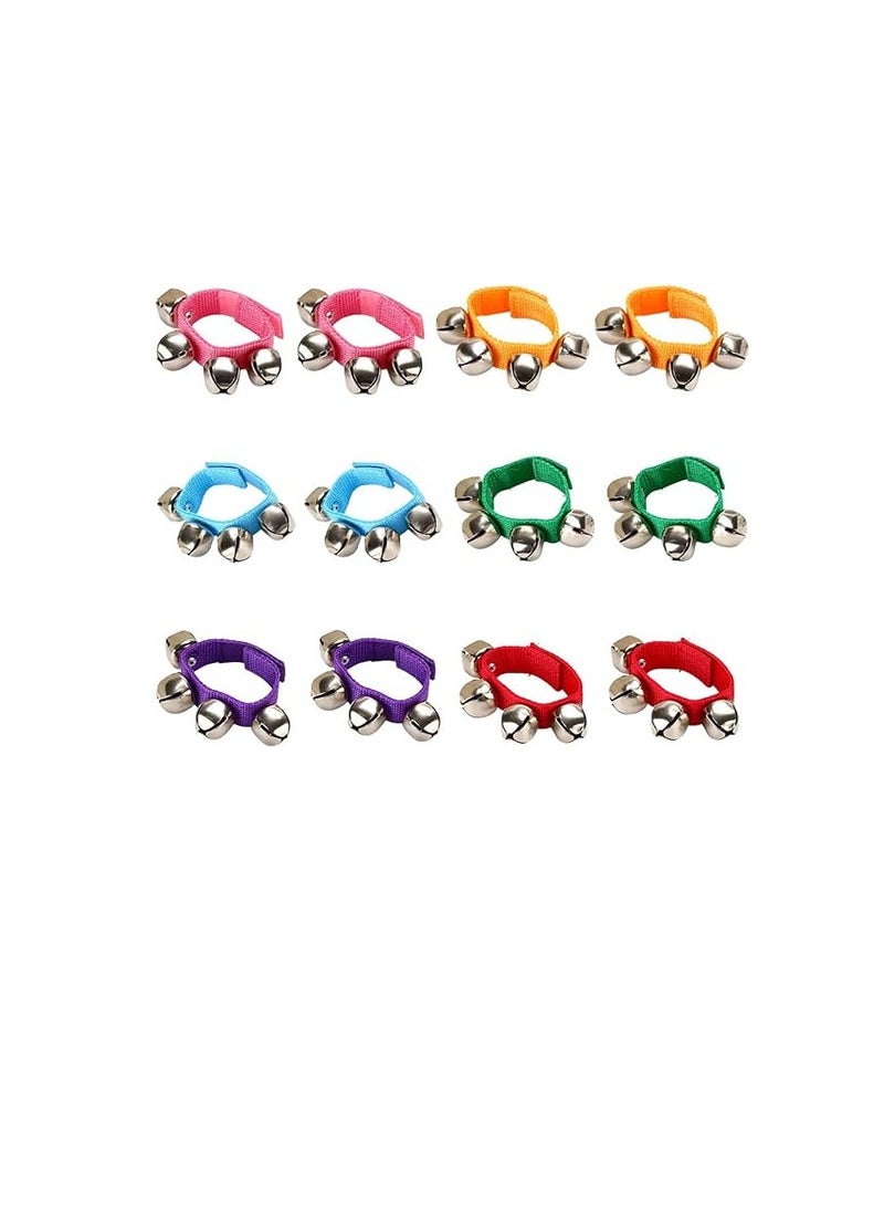 Set of 12 Bell Bracelets - Pair of Bracelets with 4 Bells, Multi-Coloured Musical Instruments and Rattle for Parties, School and Music Class  - Image 1