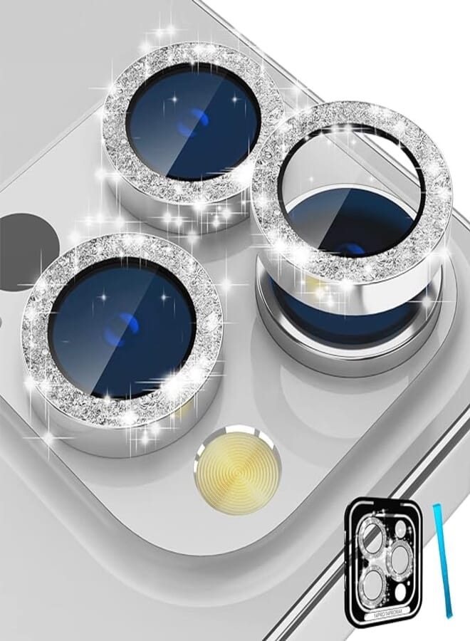 imluckies Compatible with iPhone 14 Pro/iPhone 14 Pro Max Camera Lens Protector, Upgraded 9H Tempered Glass Bling Lens Screen Protection Cover, Glitter Individual Metal Lens Ring, Silver
