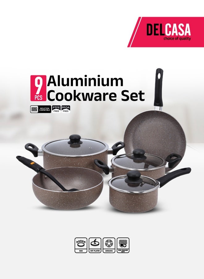 ديلكاسا طقم أواني طهي ألمنيوم ذكية مكون من 9 قطع - طلاء رخامي متين، هيكل من الألومنيوم عالي الجودة، طبق غير لاصق للغاز، ومواقد الحث والسيراميك - قاعدة حثية - Image 1