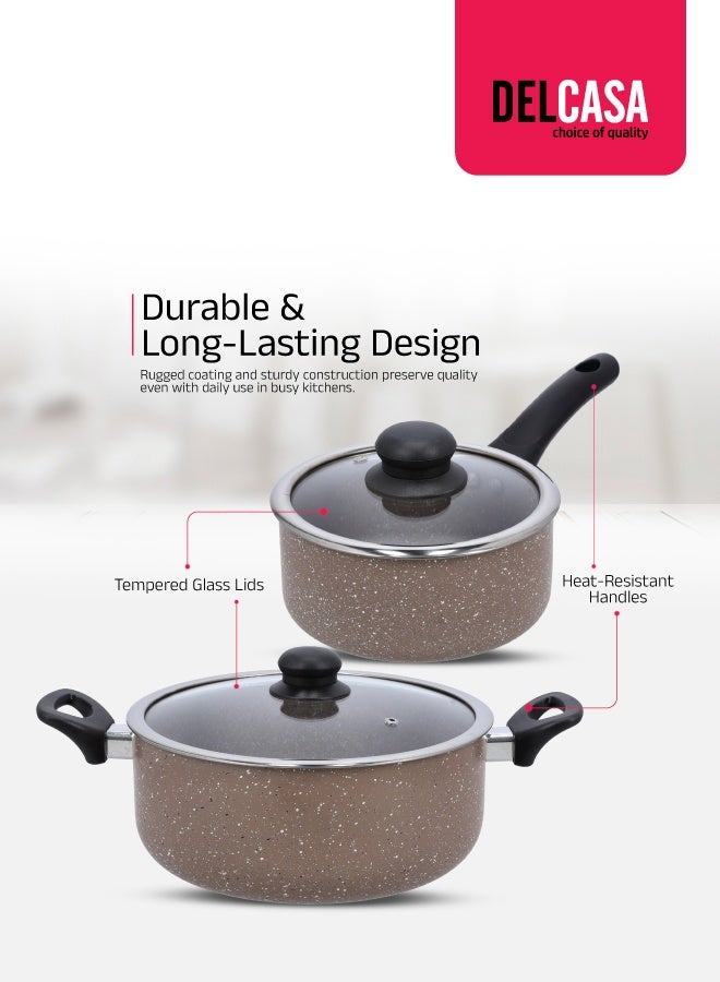 ديلكاسا طقم أواني طهي ألمنيوم ذكية مكون من 9 قطع - طلاء رخامي متين، هيكل من الألومنيوم عالي الجودة، طبق غير لاصق للغاز، ومواقد الحث والسيراميك - قاعدة حثية - Image 3