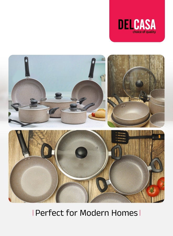 ديلكاسا طقم أواني طهي ألمنيوم ذكية مكون من 9 قطع - طلاء رخامي متين، هيكل من الألومنيوم عالي الجودة، طبق غير لاصق للغاز، ومواقد الحث والسيراميك - قاعدة حثية - Image 5