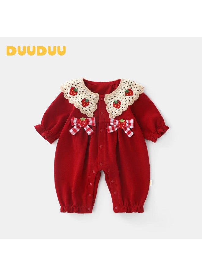 Duuduu Baby Girl's Clothing, Hundred Days Celebration, First Birthday Princess Romper, Long-sleeve Bodysuit, Newborn Onesie, Red, 80cm - Image 1