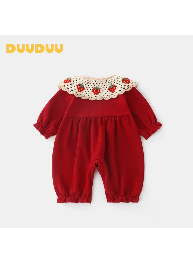 Duuduu Baby Girl's Clothing, Hundred Days Celebration, First Birthday Princess Romper, Long-sleeve Bodysuit, Newborn Onesie, Red, 80cm - Image 2