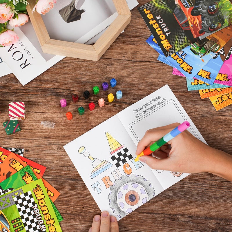 BenLouis 24 Monster Truck Mini Coloring Books Kids with 24 Stacking Crayons Monster Car Party Favors Activity Books Bulk for Kids Monster Truck Birthday Goodie Bag Gift Stuffer Classroom Travel - Image 3