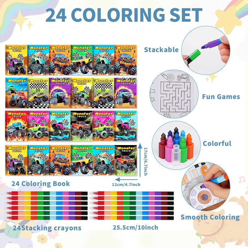 BenLouis 24 Monster Truck Mini Coloring Books Kids with 24 Stacking Crayons Monster Car Party Favors Activity Books Bulk for Kids Monster Truck Birthday Goodie Bag Gift Stuffer Classroom Travel - Image 2