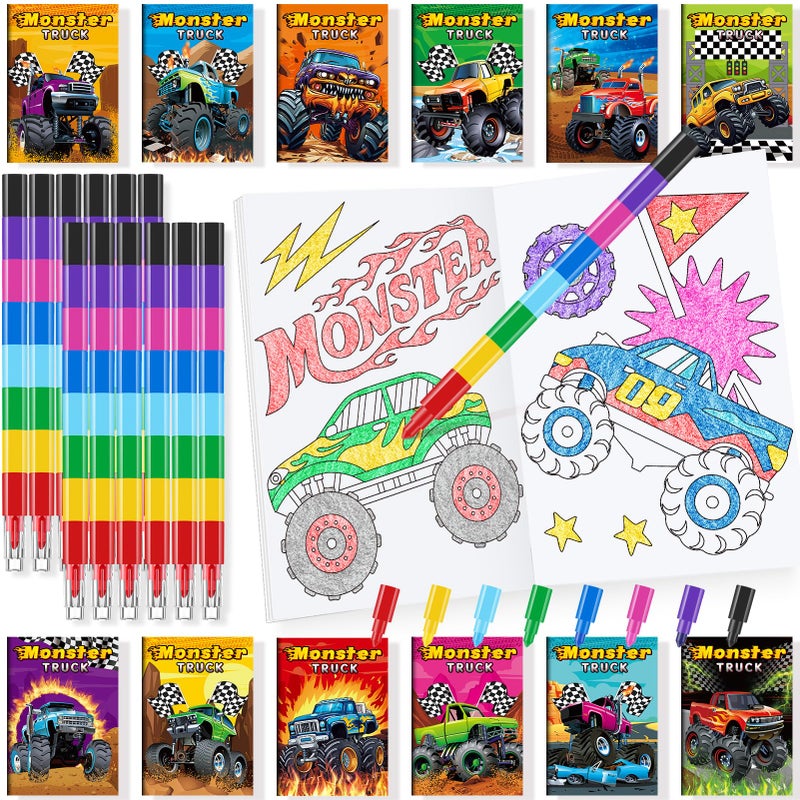 BenLouis 24 Monster Truck Mini Coloring Books Kids with 24 Stacking Crayons Monster Car Party Favors Activity Books Bulk for Kids Monster Truck Birthday Goodie Bag Gift Stuffer Classroom Travel - Image 1