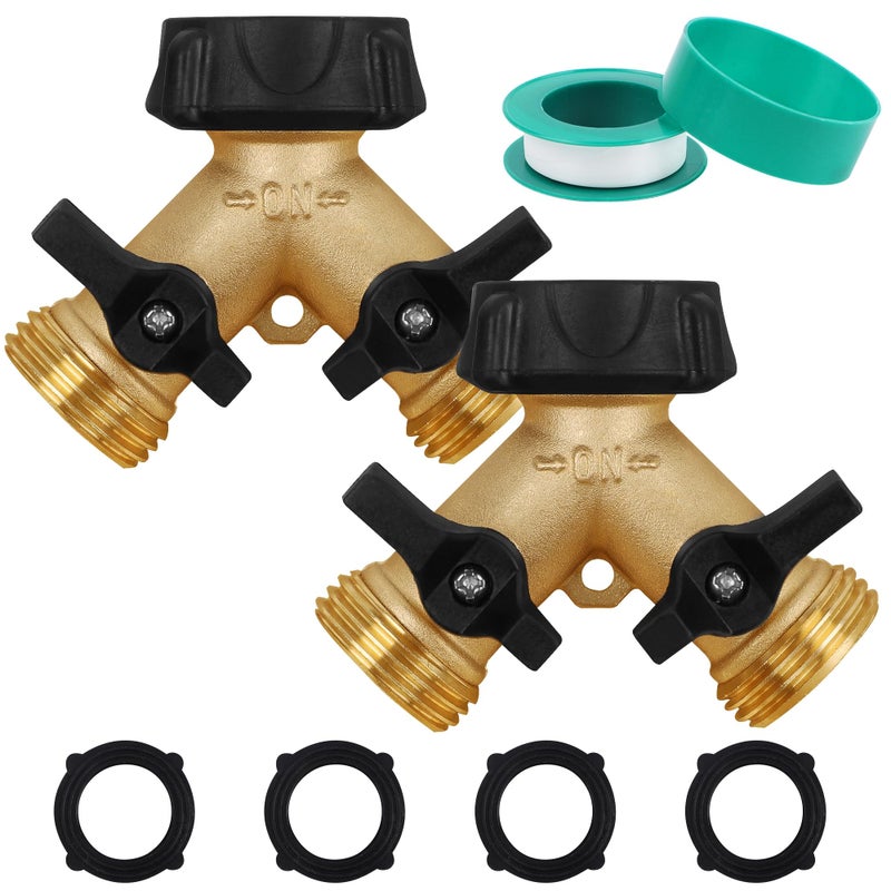 Biswing 2 Pack Garden Hose Splitter 2 Way, Heavy Duty Brass Connector Tap Splitter, Y Splitter 2 Valves with 4 Extra Rubber Washers - Image 1