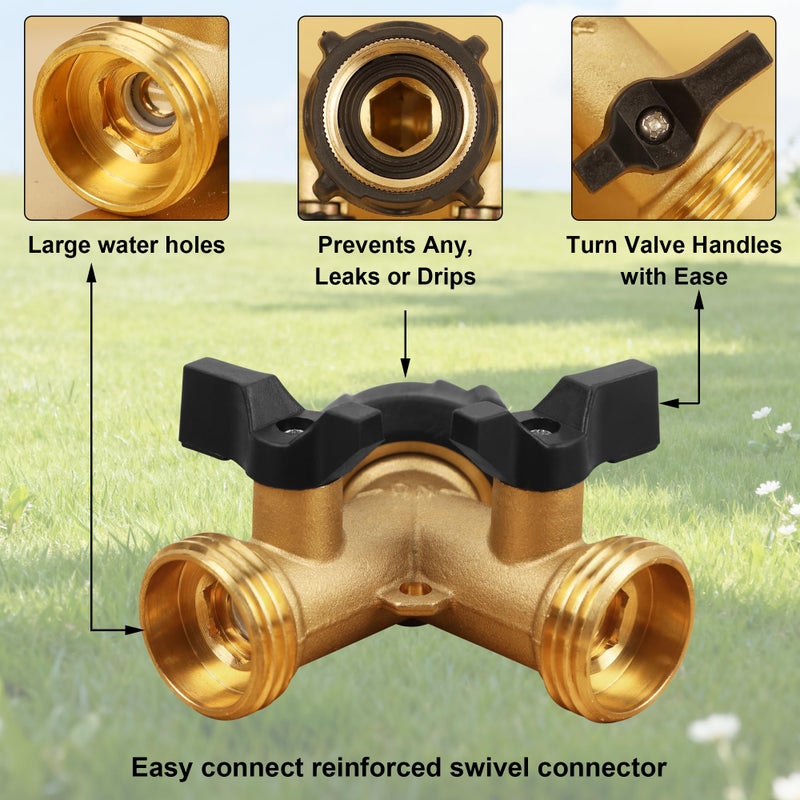Biswing 2 Pack Garden Hose Splitter 2 Way, Heavy Duty Brass Connector Tap Splitter, Y Splitter 2 Valves with 4 Extra Rubber Washers - Image 2