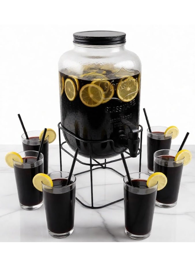 4 Litre Glass Juice Dispenser With Stand And Tap And Air Tight Lid , 4 L Beverage Dispenser With Metal Stand, Cold Water And Detox Drinks  Pitcher With Stand 4L, Drinks Dispenser 4liter - Image 1