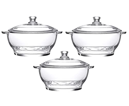 IndusBay 2500ml Toughened Glass Microwave Dishwasher Safe Pot Serving Bowl Casserole with Lid Glass Serving Bowl Clear Pack of 3 - Image 1