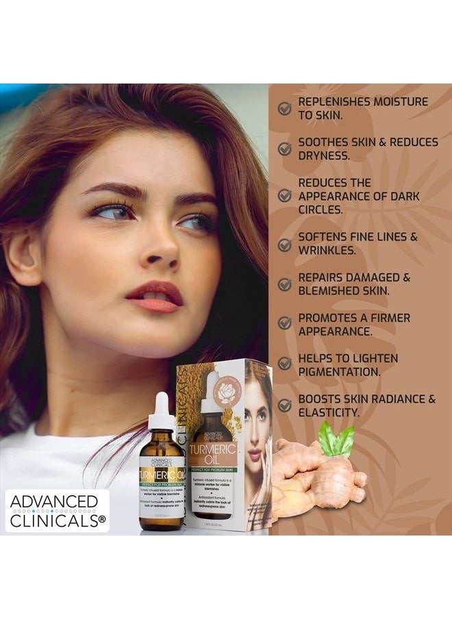 Advanced Clinicals Turmeric Oil Facial Skin Care Serum For Face. Antioxidant Moisturizer Skincare Serum Formula W/Rose Extract & Jojoba Oil For Dry Skin, Redness, & Skin Blemishes, 1.8 Fl Oz  - Image 3