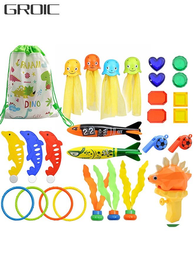 GROIC 28 Pcs Diving Toys for Pool for Kids with Carrying Bag Dive Underwater Toys Swimming Pool Toy Gift Set  - Image 1