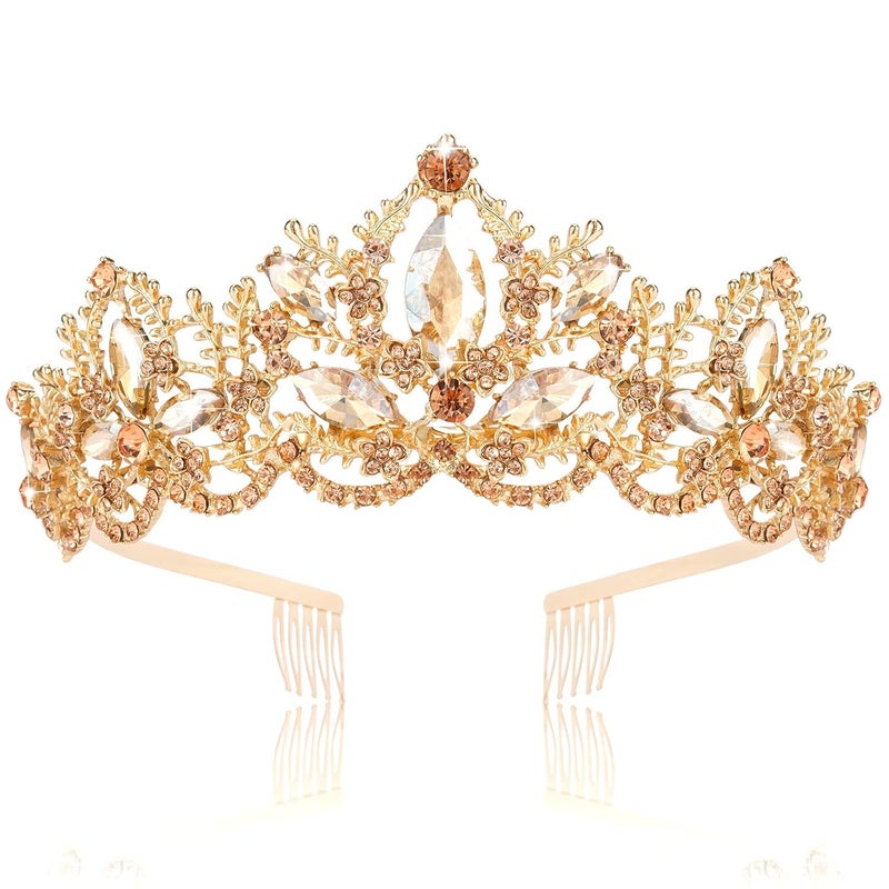 Gold Tiara for Women Champagne Crown for Girls with Comb Wedding Princess Birthday Crystal Rhinestones Headbands for Prom Bridal Party Halloween Costume Christmas Gift