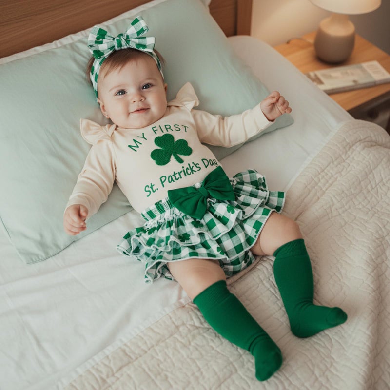 Amnnchya My First St Patricks Day Baby Girl Outfit Clover Romper Plaid Shorts Skirt Newborn Girls Shamrock Clothes 4PCS Set (Khaki, 3-6 Months) - Image 4