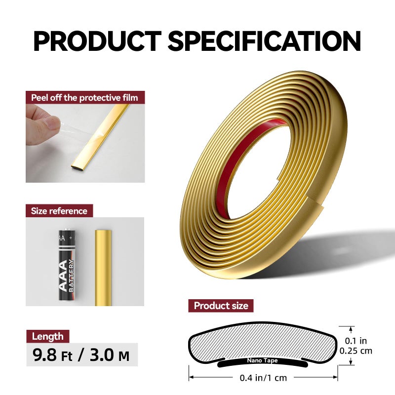 JSIWOTH 9.8 Ft Peel and Stick Wall Molding Trim, Matte Gold Self Adhesive Flexible Trim for Wall, Edges, Borders, Window Frames, Backsplash Tiles, Baseboard & More (W:0.4", T:0.1") - Image 3