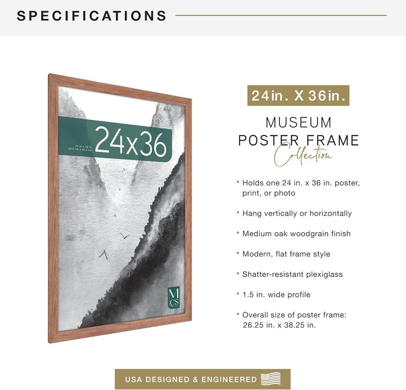 MCS Museum Poster Frame 24x36 Medium Oak, Vertical & Horizontal Wall Hanging Large Picture Frame for Photos, Posters & Art Prints (1-Pack) - Image 5