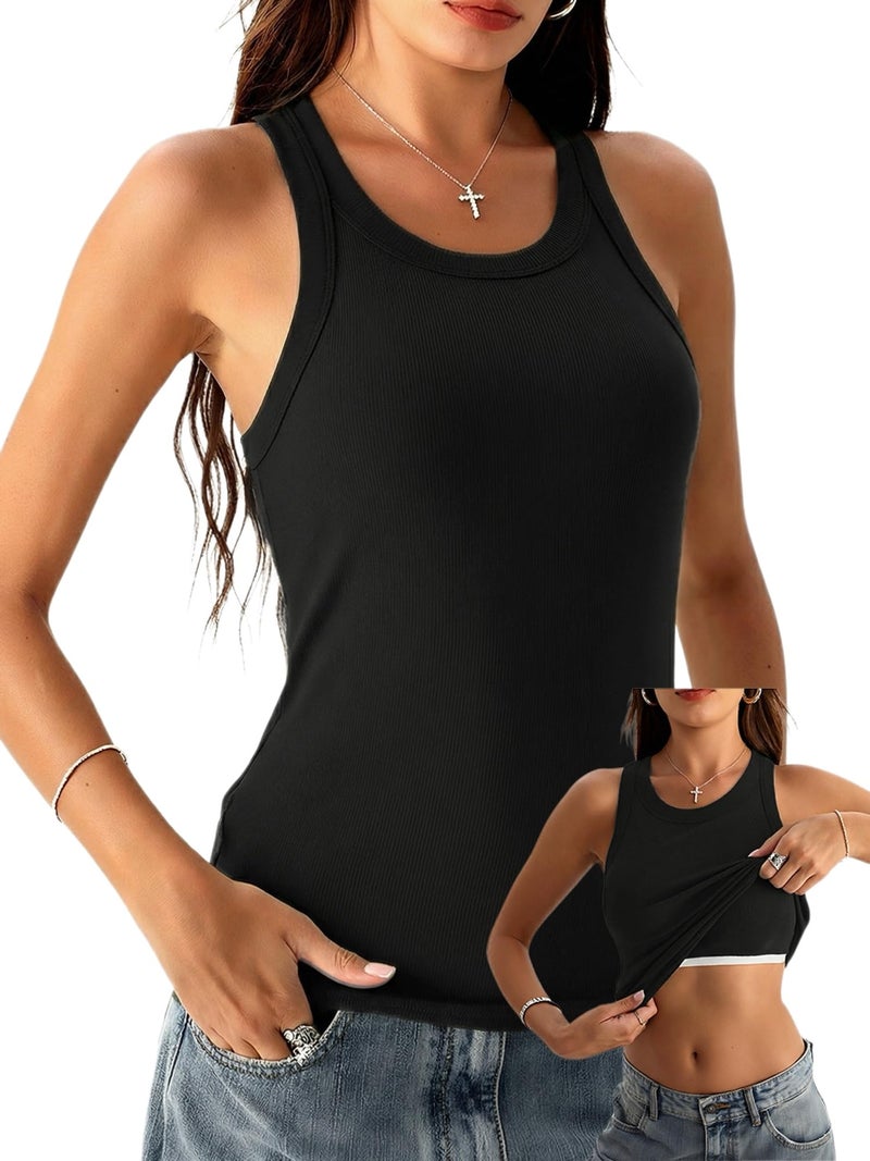 Danysu Racerback Tank Tops with Built in Bra for Women High Neck Ribbed Basics Fitted Long Bra Tanks Black X-Small - Image 1