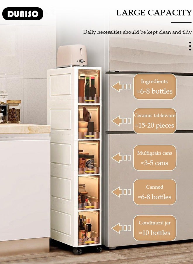 دونيسو صناديق تخزين من البولي بروبيلين مع أغطية، حاويات تخزين قابلة للتكديس من 5 طبقات مع أبواب وعجلات، صندوق تخزين قابل للطي، خزانة تخزين ضيقة، خزانة تخزين للمساحات الصغيرة، تصميم مقاوم للغبار - Image 4