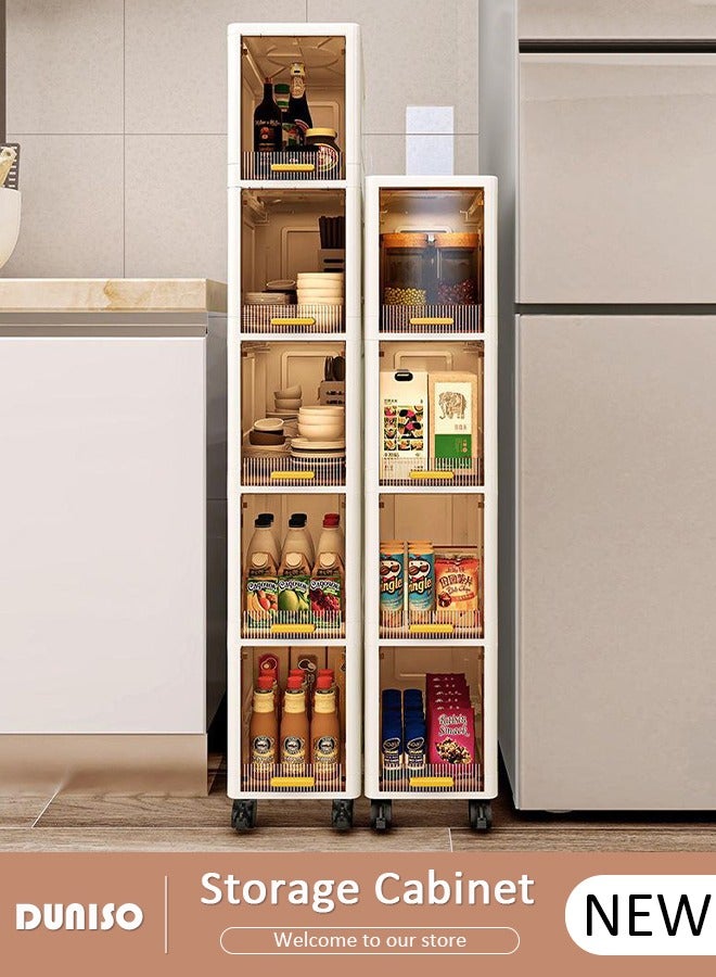 دونيسو صناديق تخزين من البولي بروبيلين مع أغطية، حاويات تخزين قابلة للتكديس من 5 طبقات مع أبواب وعجلات، صندوق تخزين قابل للطي، خزانة تخزين ضيقة، خزانة تخزين للمساحات الصغيرة، تصميم مقاوم للغبار - Image 1