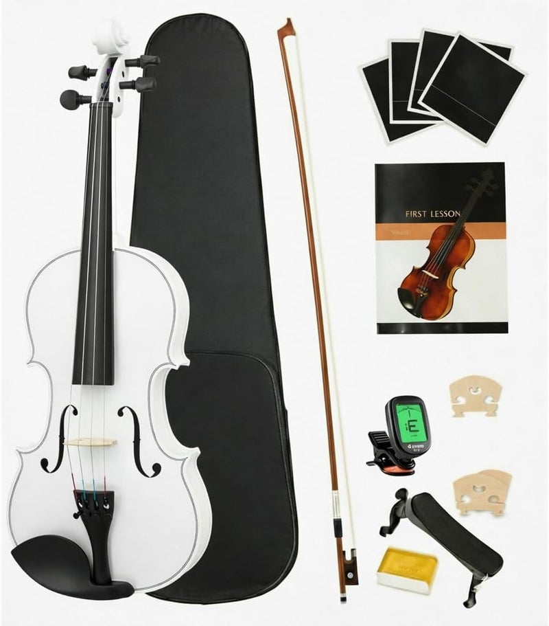 Megarya 4/4 Full Size Violin Starter Kit – Solid Wood Orchestral Set with Digital Tuner, Adjustable Shoulder Rest, Extra Strings, Rosin, and Padded Case In White Finish - Image 1