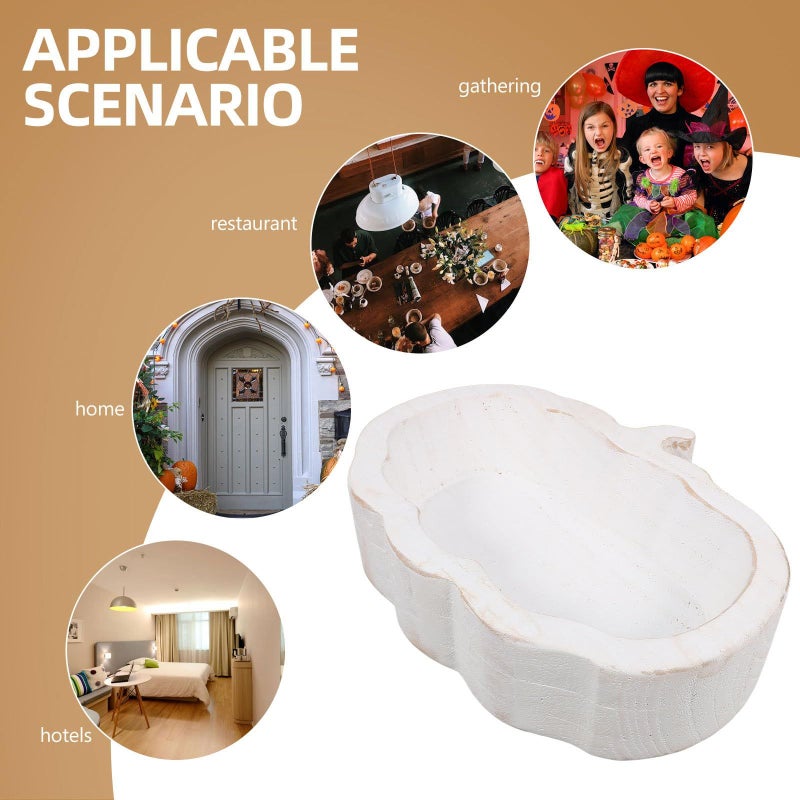 White Wooden Pumpkin Fruit Bowl with Tray for Serving Snacks Salads Home Dining - Image 4
