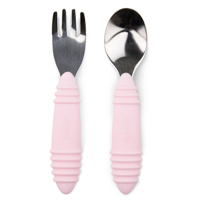 Bumkins Utensils Silicone and Stainless Steel Baby Fork and Spoon Set Toddler Silverware Self Feeding PinkPack of 2