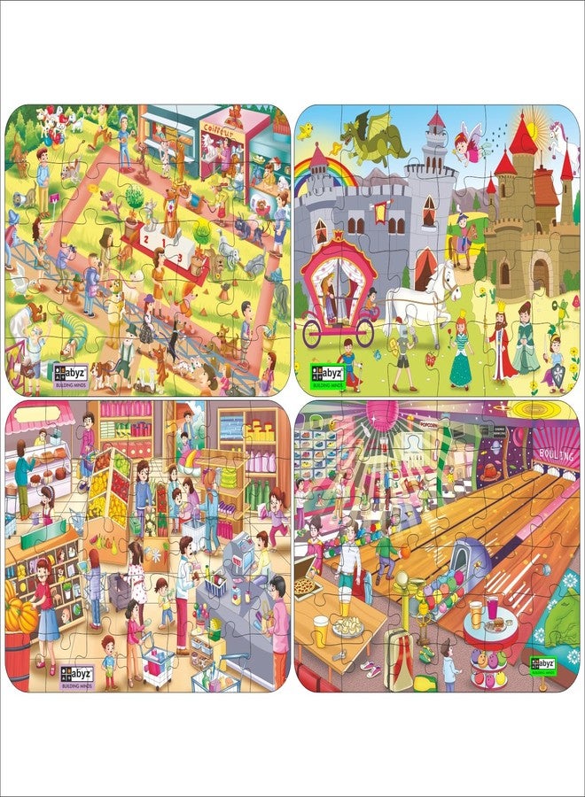 ABYZ Wooden Jigsaw Fairy Tale, Super Market, Bowling Arcade s, Dog Show Party Puzzles 120pcs for Kids of Age 3-5 Years, Set of 4 - Image 1