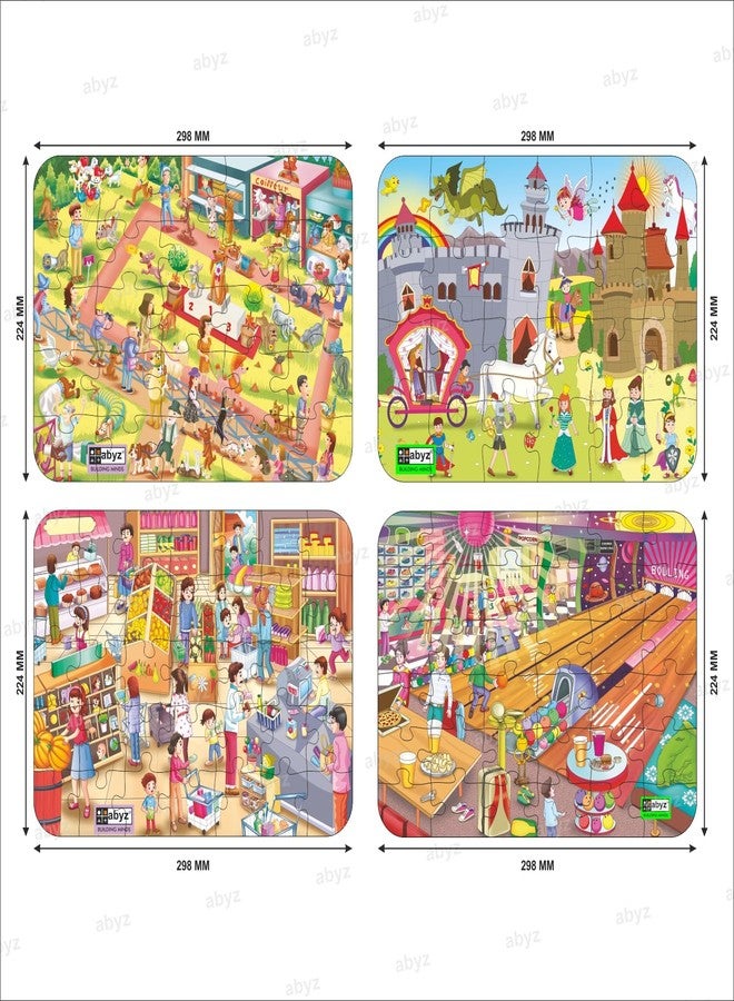 ABYZ Wooden Jigsaw Fairy Tale, Super Market, Bowling Arcade s, Dog Show Party Puzzles 120pcs for Kids of Age 3-5 Years, Set of 4 - Image 2